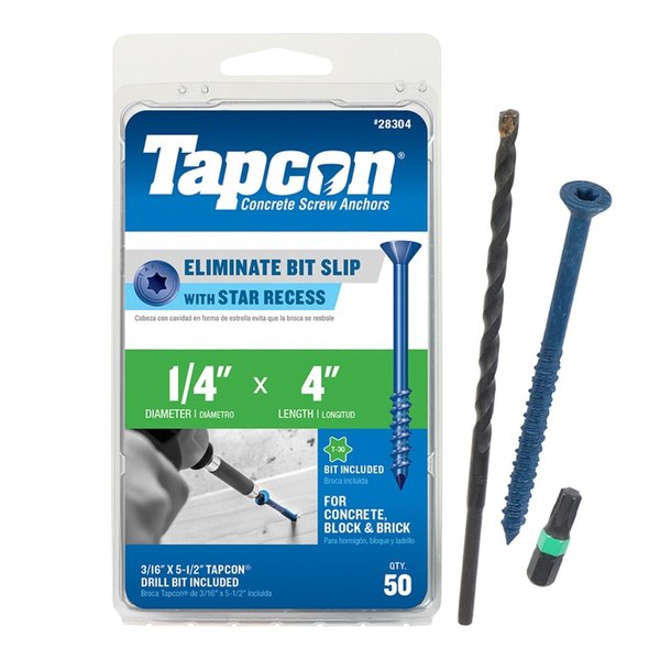 Tapcon Tapcon Concrete Screw, 1/4" Dia., Flat, 4 in L, Climaseal Coated, 50 PK 28304